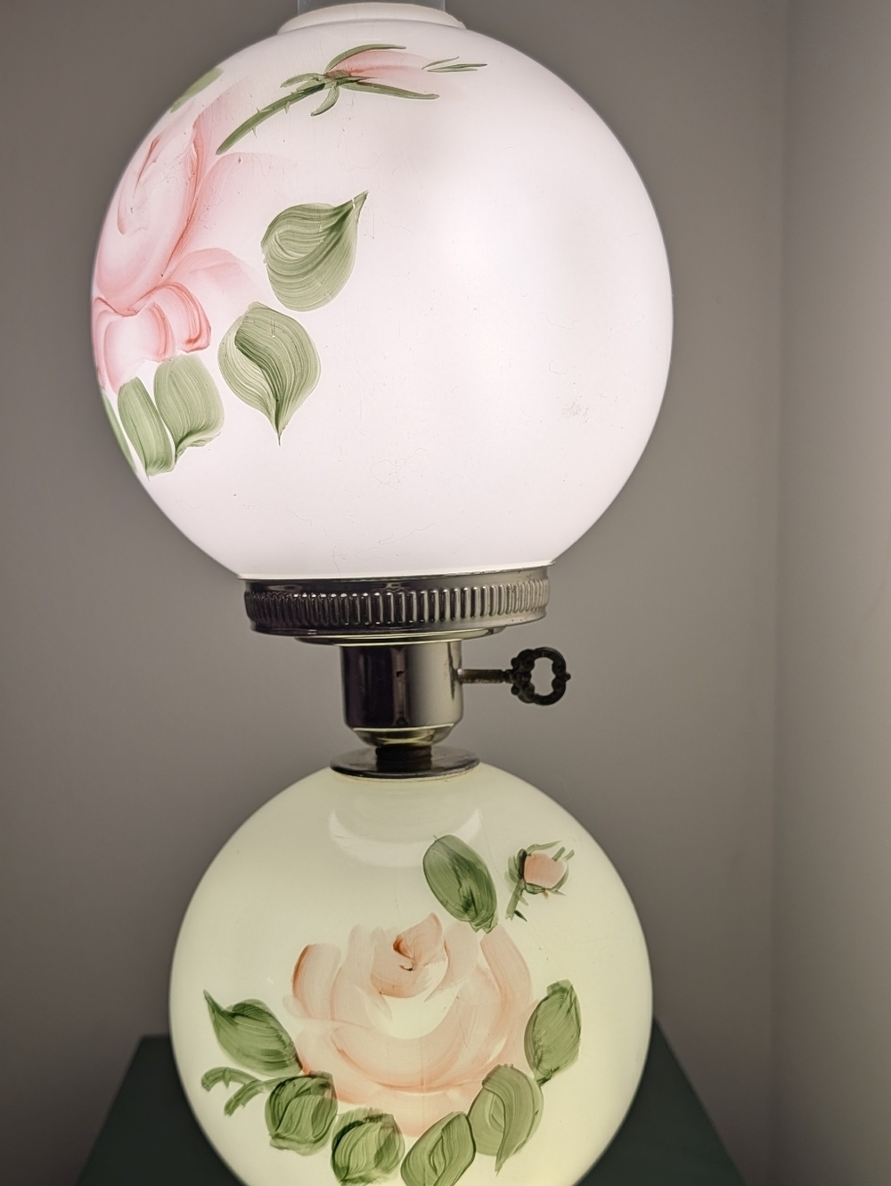 Gone With The Wind Hand-Painted Floral Glass Hurricane Lamp - Pink & Green